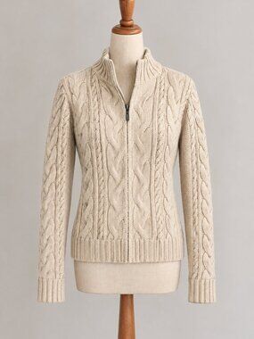 L.L. Bean Double L Cable Knit Full-Zip Cardigan Sweater 100% cotton